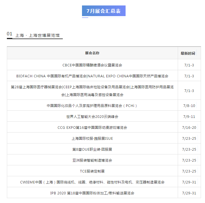 7月會展季，火爆來襲！展會匯總表